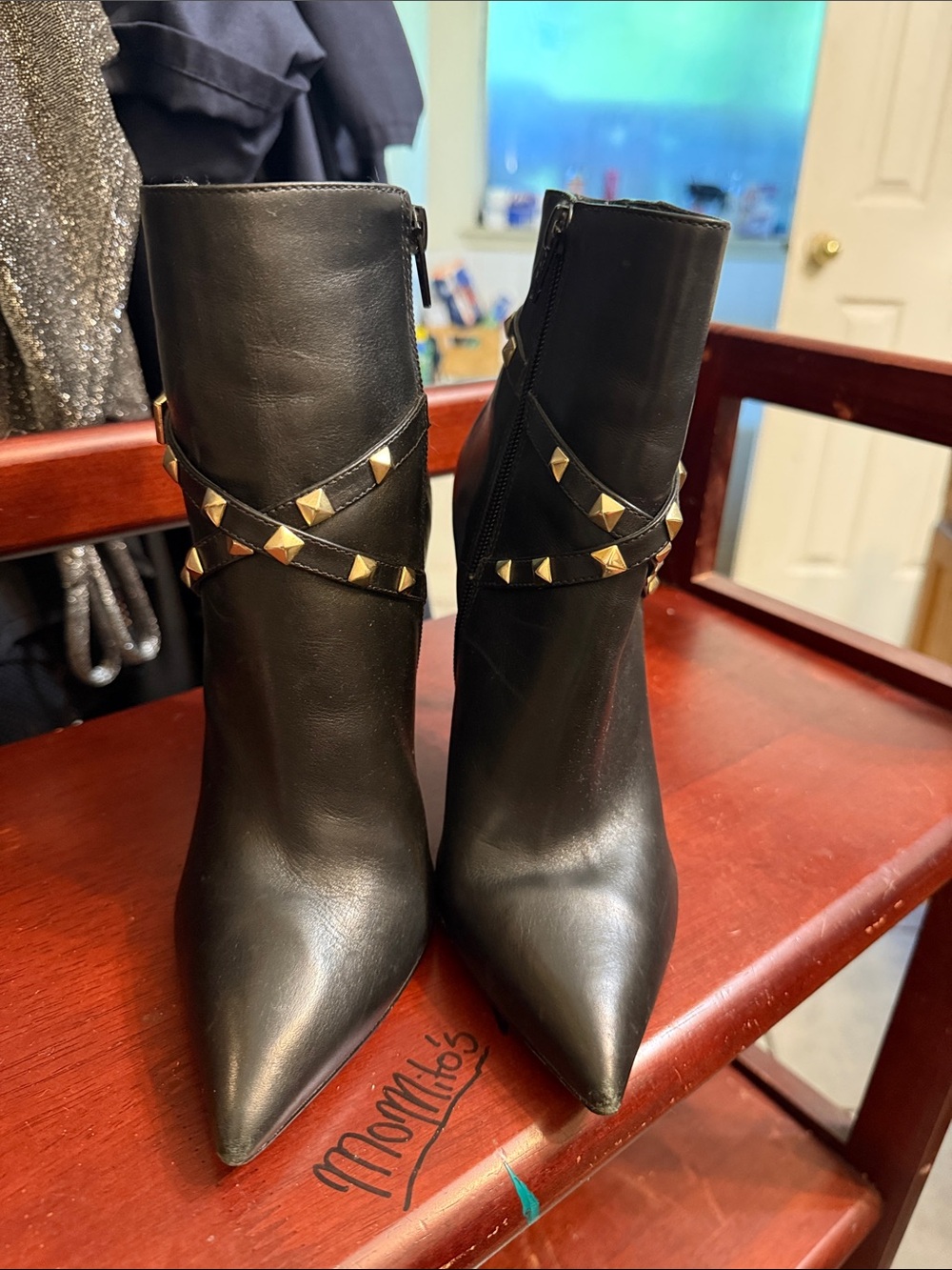 Aldo Black Leather Pointed Studded Ankle Boots